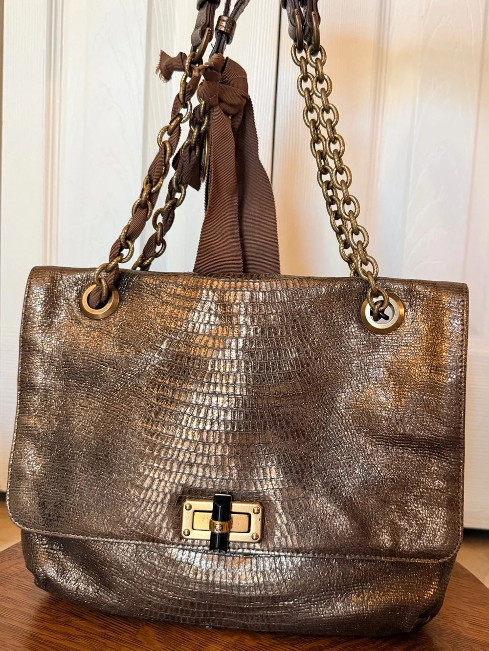 LANVIN Happy Flap Lizard-Embossed Metallic Bag with Chain Straps - 9”x12”x2”